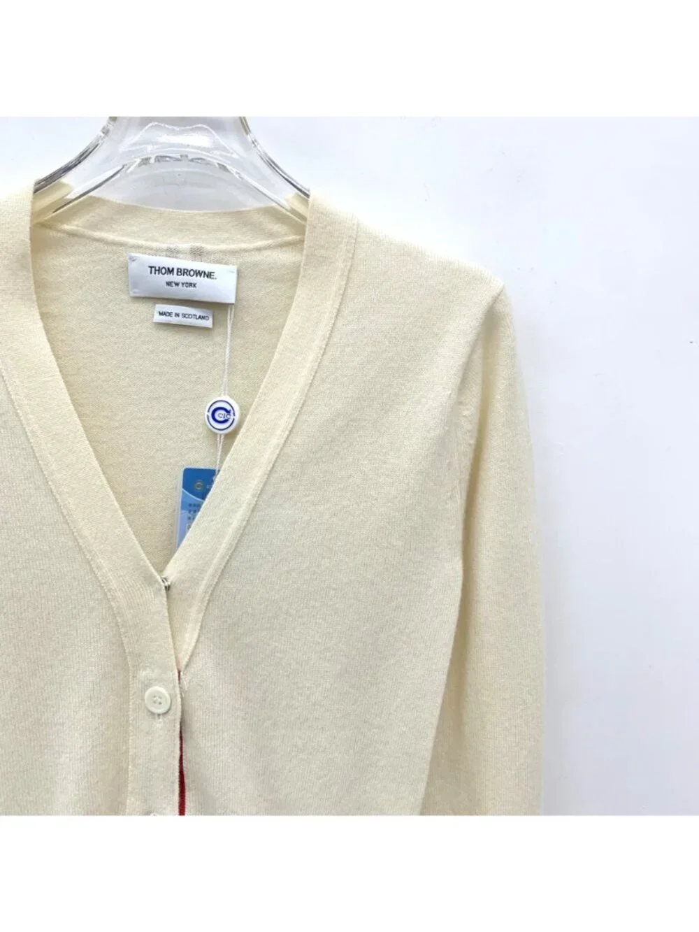 Thom Browne Beige Stripe Cotton V-Neck Cardigan - Picture 3 of 7